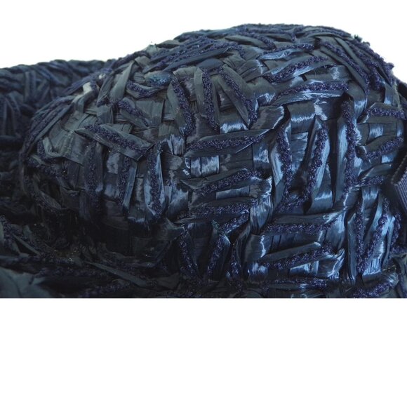 Vintage 60s Straw Hat Navy Blue Round 1960s Fascinator Cap Ribbon Bow Front Brim - Picture 6 of 10